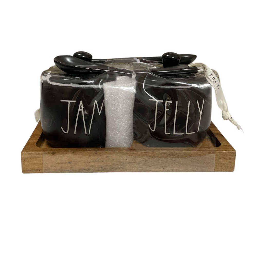 NEW Rae Dunn JAM & JELLY Jar Set w/Serving Spoons & Wooden Tray